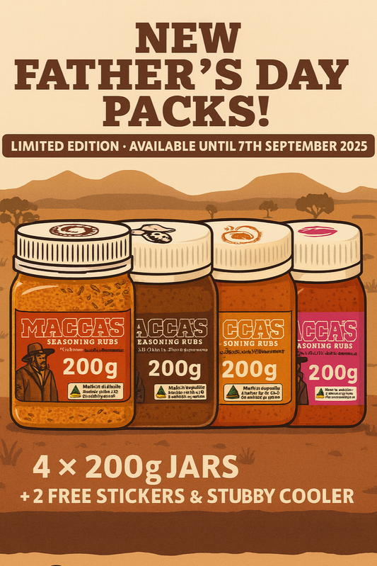 Promotional poster for Macca's seasoning rubs with text about Father's Day packs and limited edition offer.